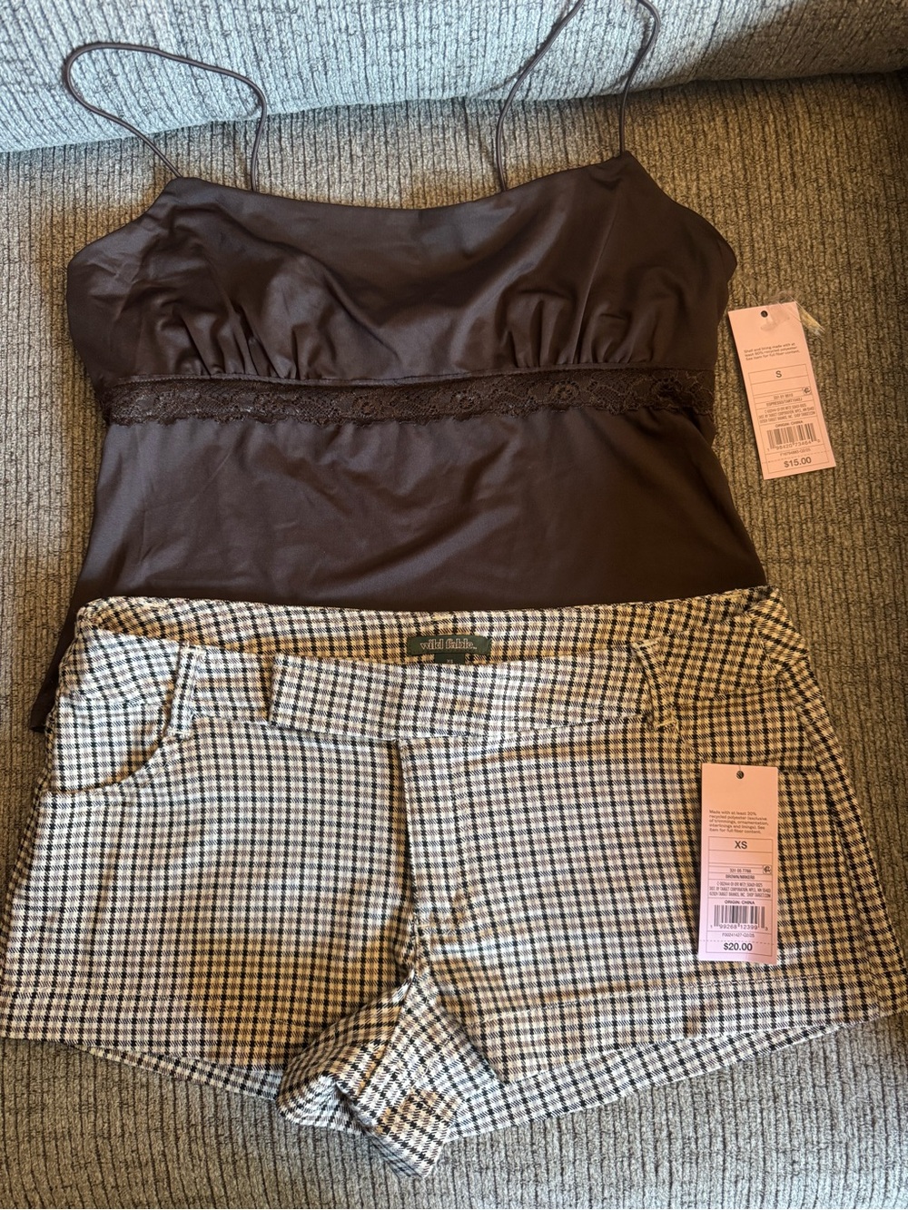 Bundle Plaid Check Women's Shorts - Brown/Beige & Brown Tank Top